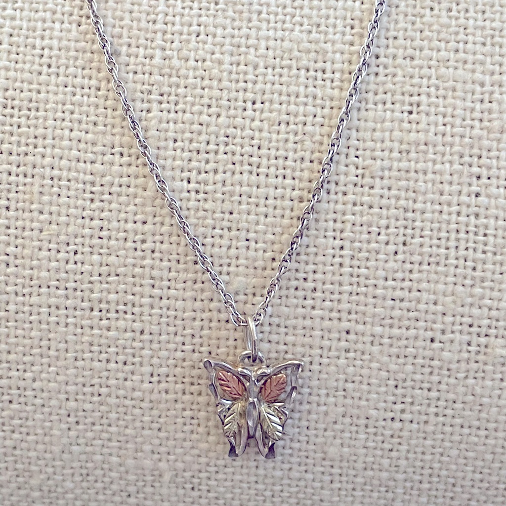 New Black Hills Gold Sterling Silver Butterfly Necklace 12k Gold Rose Gold 150$